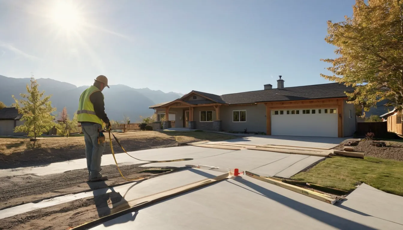 Fresh concrete driveway being finished beside a frame home with a stucco and wood exterior in Saratoga Springs